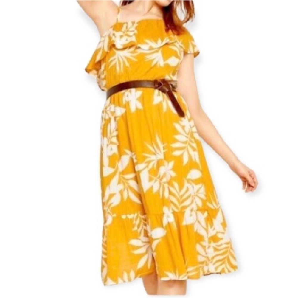 Old Navy Dress Mustard Color Tiered Floral Print One Shoulder Size XS Ruffle